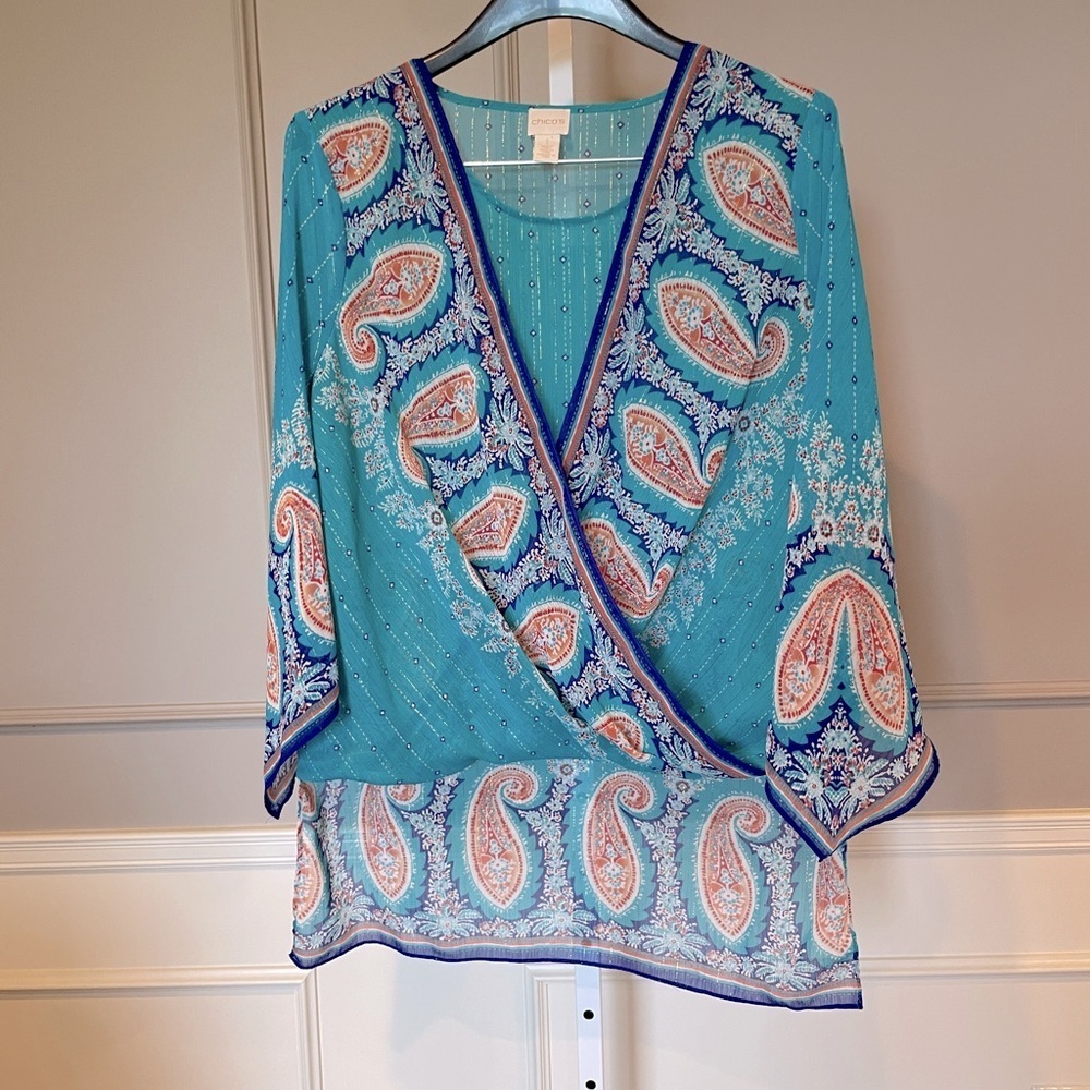 Chico's Printed Surplice Top B Neck Kimono 1 Aqua Paisley sheer casual coastal